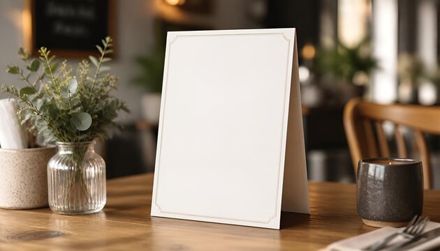 Blank Tent Card Restaurant Menu Mockup on Cafe Table for Branding, Promotions, QR Code Display, Table Reservations and Presentation