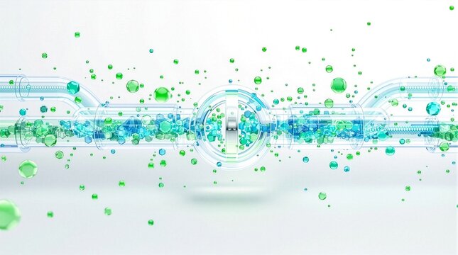 Abstract 16:9 3D render of transparent glass energy pipeline with floating emerald and cyan crystal particles for green hydrogen decarbonization