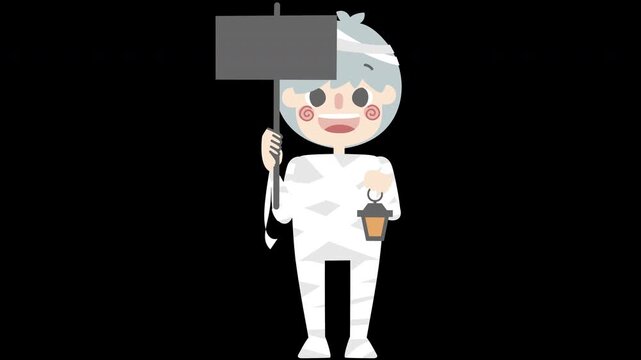 animated video happy halloween holiday festival with boy wearing mummy zombie costume holding blank sign, overlay transparent prores 4444 4K