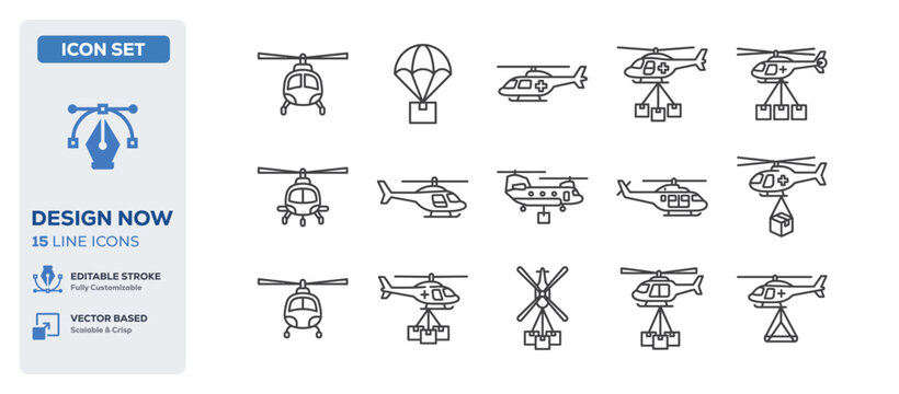 flat vector illustration line art icon bundle set design depicting flying vehicles helicopters drones and aviation transport symbols for logistics and modern travel