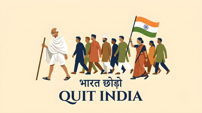 Quit India Movement Banner Concept with Mahatma Gandhi Holding Torch Leading Protest March Waving Indian Flags Vector