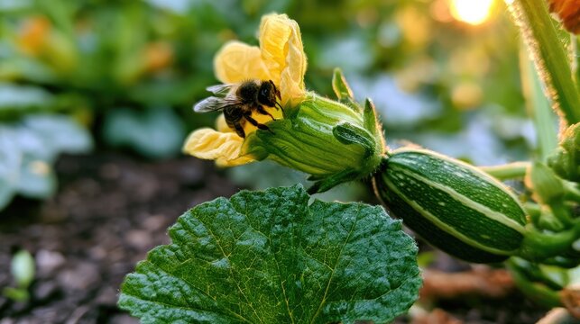 Striped bee on yellow squash blossom with sun flare