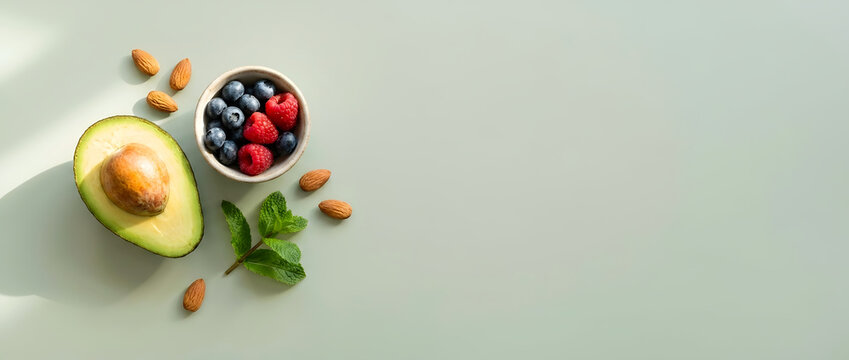 Healthy food flat lay composition with fresh avocado half, berries in a small bowl, almonds and mint leaves on pastel green background with copy space
