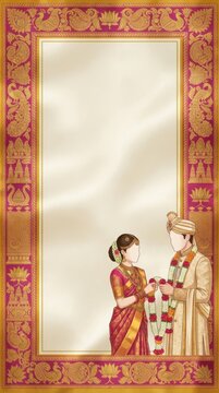 South Indian Royal Pink Silk Saree Wedding Invitation Frame with Traditional Temple Border and Varmala Garland Exchange Couple