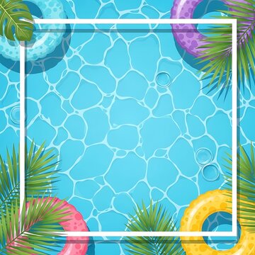 Instagram post template, square 1:1 format, top view summer pool background with clear blue water texture