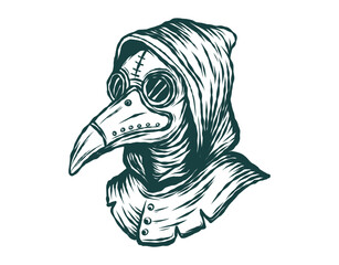 A detailed vintage-style illustration of a mysterious plague doctor, featuring the iconic beaked mask, hooded cloak, and protective goggles, evoking historical pandemics and medical folklore
