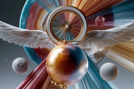 Abstract 3D futuristic  fantasy hero image with wings sphere and planets