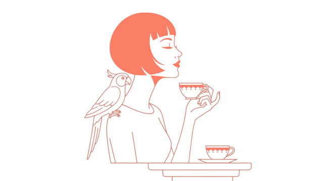 Woman with parrot on shoulder drinking tea minimalist style