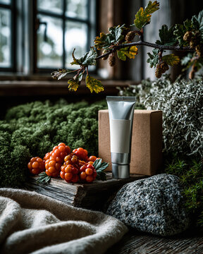 Natural cosmetic product still life with berries and winter moss