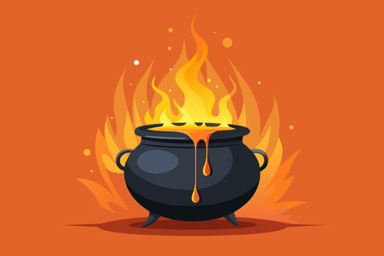 Cartoon black cauldron with boiling orange liquid over fire flames