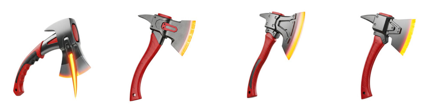 Four futuristic tactical axes with glowing edges on black background