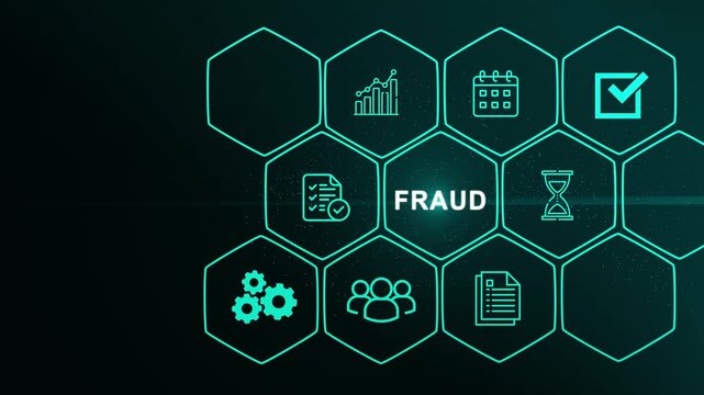 Fraud Alert Caution Defend Guard Notify Protect Concept. Modern Business, Technology, Internet and social media icons. digital interface on cyan color background.