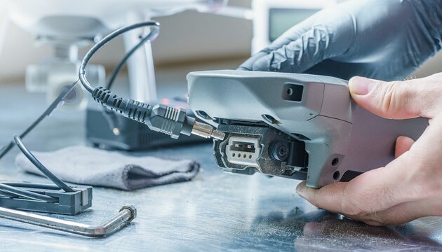 Professional Technician Performing Technical Maintenance for AI & Drone Companies Using Specialized Cables in a High-Tech Repair Laboratory Environment