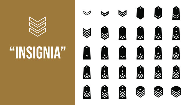 Insignia patches depict military rank structures for uniformed personnel identification.
