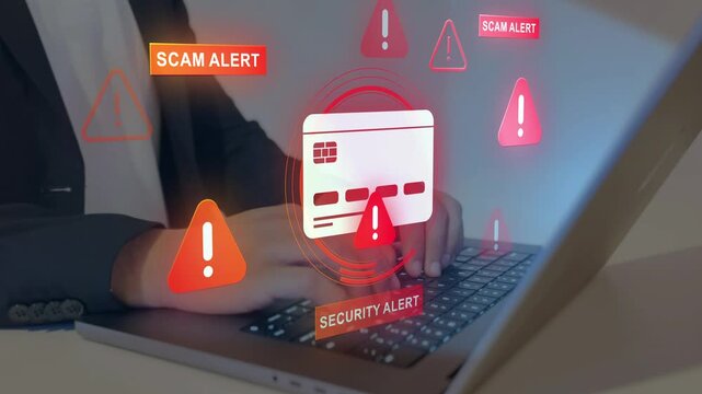 Financial scam concept showing bank card fraud,  phishing and online payment risk. Security alert, data protection.