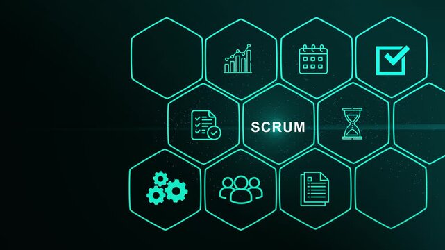 Digital Scrum Agile Project Management HUD Interface with REP Reporting Hexagon Grid Icons for Team Collaboration Workflow and Strategic Planning.