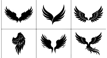 Fototapeta premium Diverse Wing Silhouettes Collection, Angelic and Phoenix Designs, Graphic Elements for Fantasy and Mythology Projects