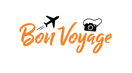 Bon Voyage lettering is presented in a bold orange script with airplane and camera icons to highlight travel themes and holiday vacation planning. © bolone
