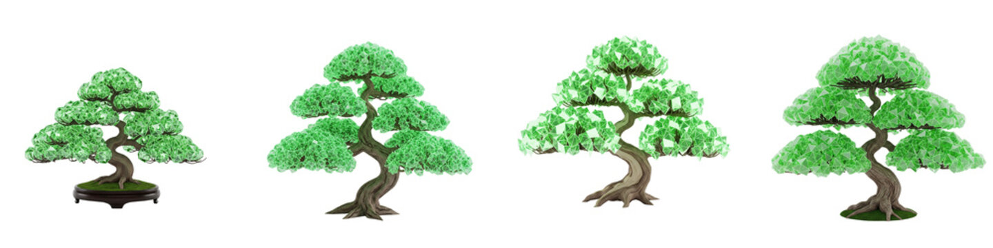 Four stylized bonsai trees with geometric green crystal leaves on black