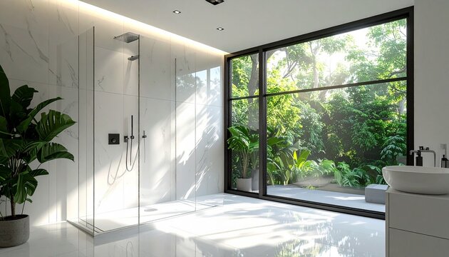 A minimalist luxury bathroom featuring a glass walk-in shower with chrome hardware. Polished white stone walls reflect bright morning sunlight streaming through a large black-framed window