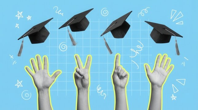 Academic success artwork in a photo collage trend sketch template with four hand gestures and flying graduate hats