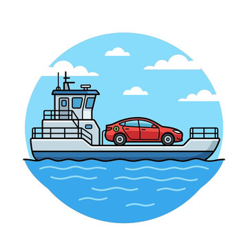 Electric Car Charging on a Ferry Boat Vector Illustration