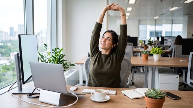A woman stretches her arms in an office environment, promoting workplace wellness and relaxation.