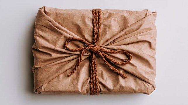 Rectangular parcel wrapped in textured paper tied with a coarse string bow.