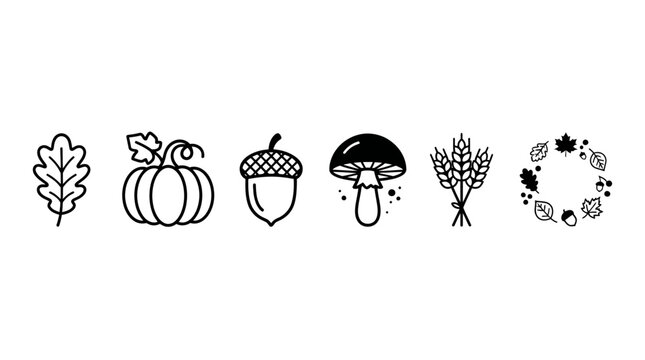 Autumn harvest icons depict seasonal symbols including leaves, pumpkins, acorns, mushrooms, wheat, and a festive wreath to celebrate the changing colors and bounty of the fall season.