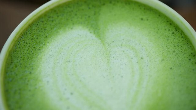Matcha green tea latte with heart shape foam art macro video clip shot zooming out from creamy surface.