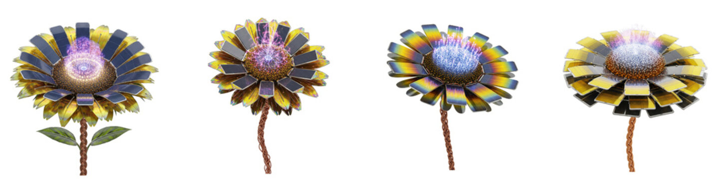 Futuristic sunflower solar panel hybrids with glowing energy centers