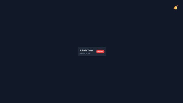 Submit taxes notification card displayed on dark screen within digital animation motion interface for user dashboard