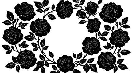 Elegant Black Rose Floral Wreath Border Frame Set with Detailed Blooming Blossoms Leaves and Vines for Wedding Invitations and Romantic Greetings Vector Illustration © Kulsum