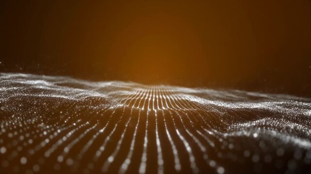 Silver particle waves flowing toward camera on amber gradient