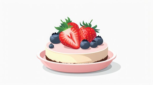 Cheesecake garnished with assorted fresh berries rests on a small pink saucer, providing a clean and minimalist graphic resource that highlights a delightful sweet treat for professional food.