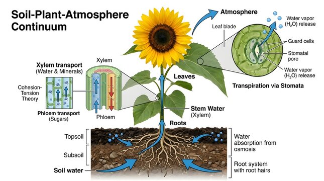 Educational botanical chart of sunflower showing xylem phloem transport and soil water absorption