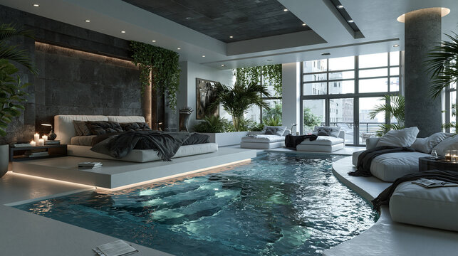 Amazing of swimming pool clear water is in the big bedroom desidn , modern mood.