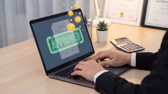 Business professional securing loan approval using digital document interface on modern laptop