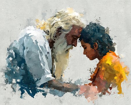 Watercolor-style guru blessing disciple for Guru Purnima spiritual celebration