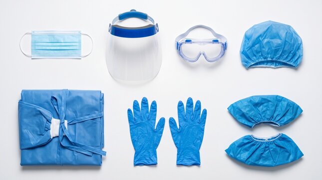 Flat lay of essential medical personal protective equipment for healthcare professionals on a white background