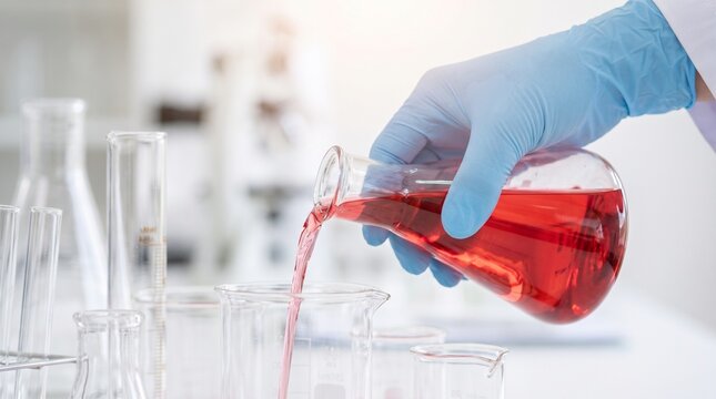 Scientist Mixing Solution in Erlenmeyer Flask and Pouring Liquid into Test Tube During Laboratory Research Experiment
