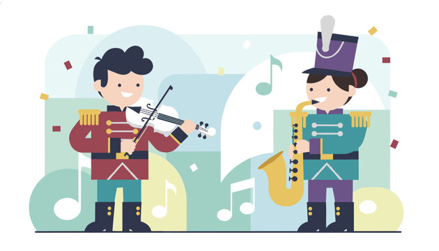 Two kids in red and teal marching band uniforms perform together with a white violin and a golden saxophone.