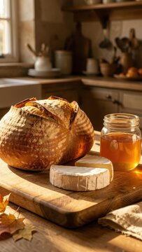 Freshly baked artisan sourdough bread and sliced brie cheese next to a jar of golden honey on a rustic wooden cutting board in a sunlit cozy kitchen during breakfast