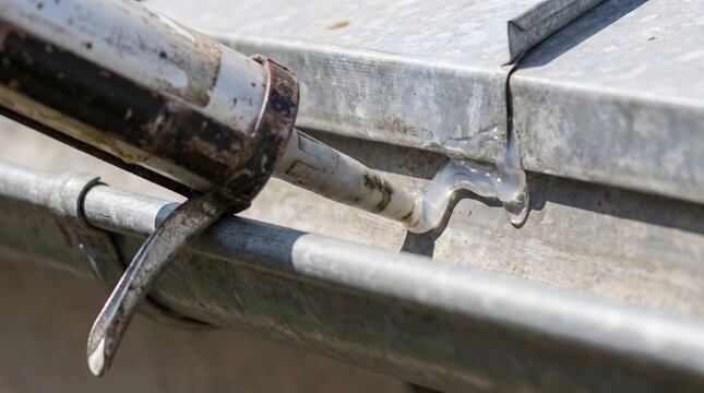 Close-up of worker applying transparent silicone sealant with caulking gun to repair metal gutter seam, home maintenance, roof leak protection, close-up view with natural lighting.