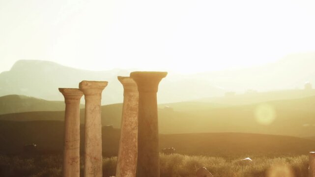Four weathered columns rise in a field during sunset. The sunlight casts a warm glow, illuminating the ruins and distant hills. Nature surrounds the remnants of history.