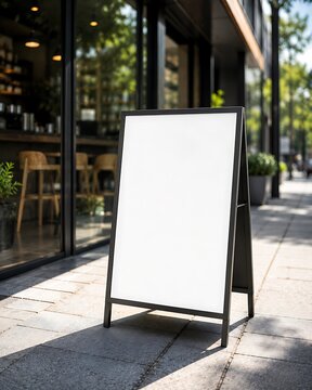 Blank white A-frame sign on a city sidewalk in front of a modern building, ready for custom text or advertisement.