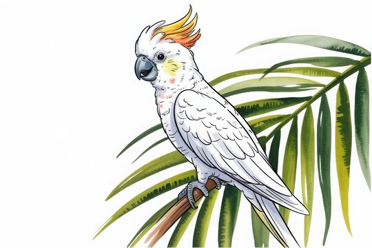 White cockatoo perched on palm frond. Exotic parrot illustration with vibrant yellow crest feathers in watercolor style.