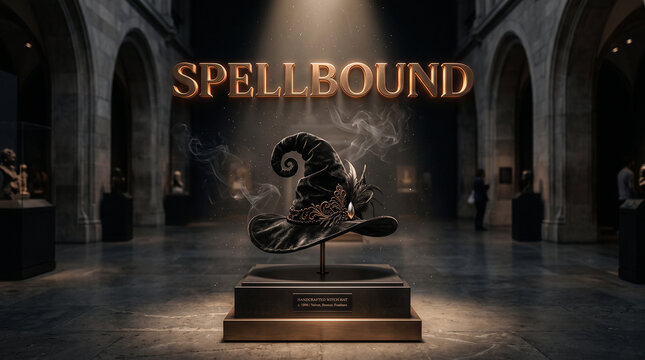 Magical pointed hat hovering above spellbound text in gothic archway with spellbound, mystical