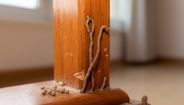 Wooden furniture corner with mud tubes and termite activity signs.