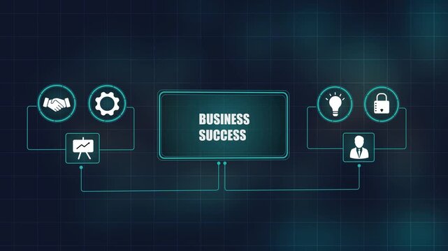 Business success concept with corporate icons on grid background, management growth strategy visualization, professional process workflow video.